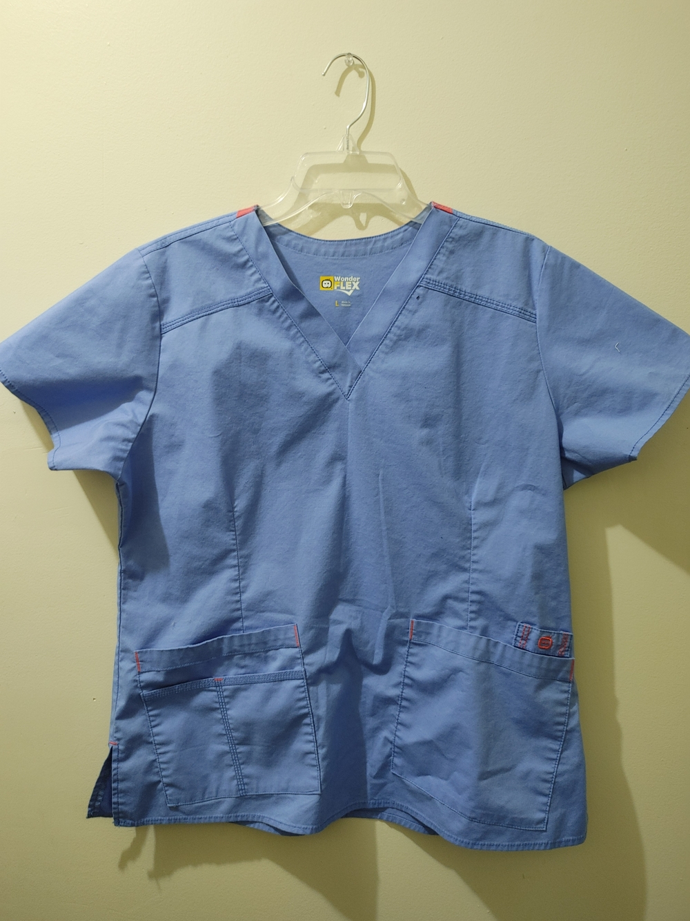 WonderWink Light Blue V-Neck Scrub Top with Pink Accents